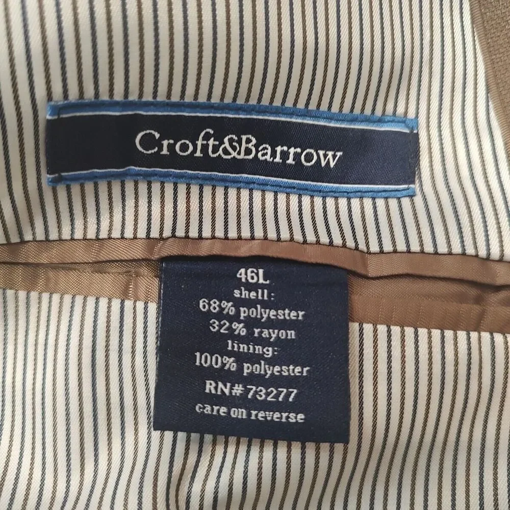 Croft & Barrow Brown Suit Jacket 46 Long 2 Button Front 3 Inside Pocket Business